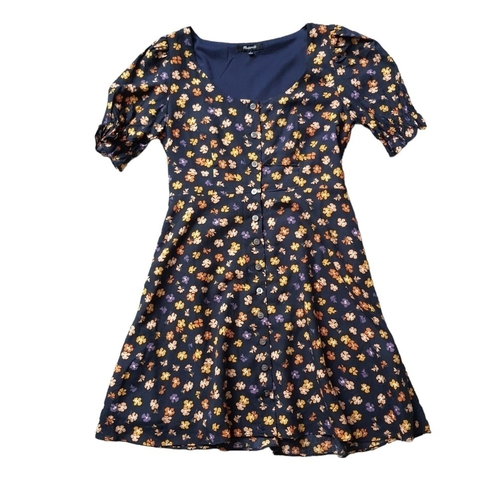Madewell Navy Floral Puff Sleeve Button Front Mini Dress Size 0